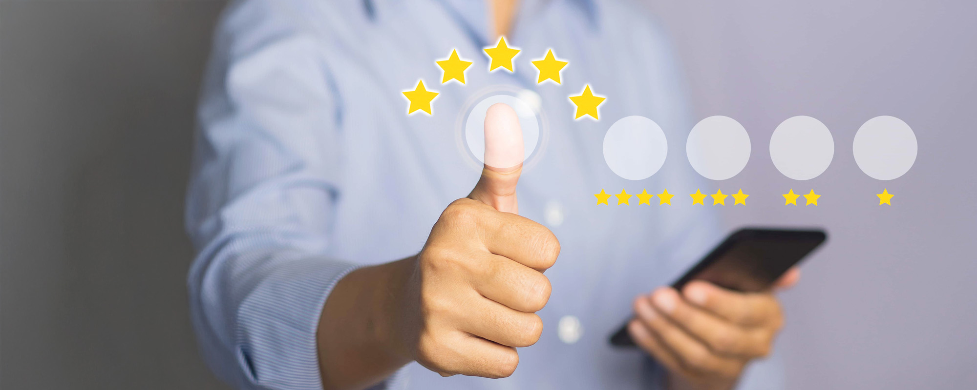 man giving thumbs up and 5 star review