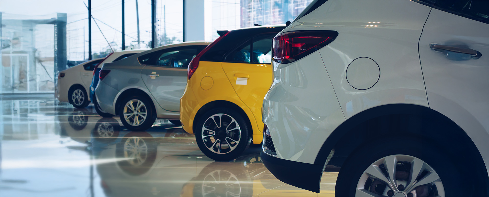 New cars at dealer showroom Row new car in showroom vintage filter