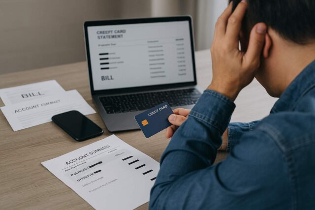 person reviewing their bills and credit card statement